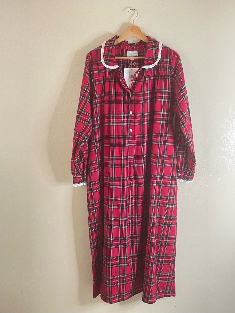 Lanz of Salzburg Red Plaid Flannel Long Nightgown with Lace Collar